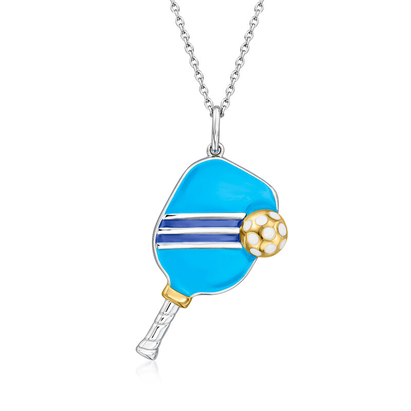 Blue and White Enamel Pickleball Pendant Necklace in Sterling Silver and 18kt Gold Over Sterling. 18&quot; image number 0
