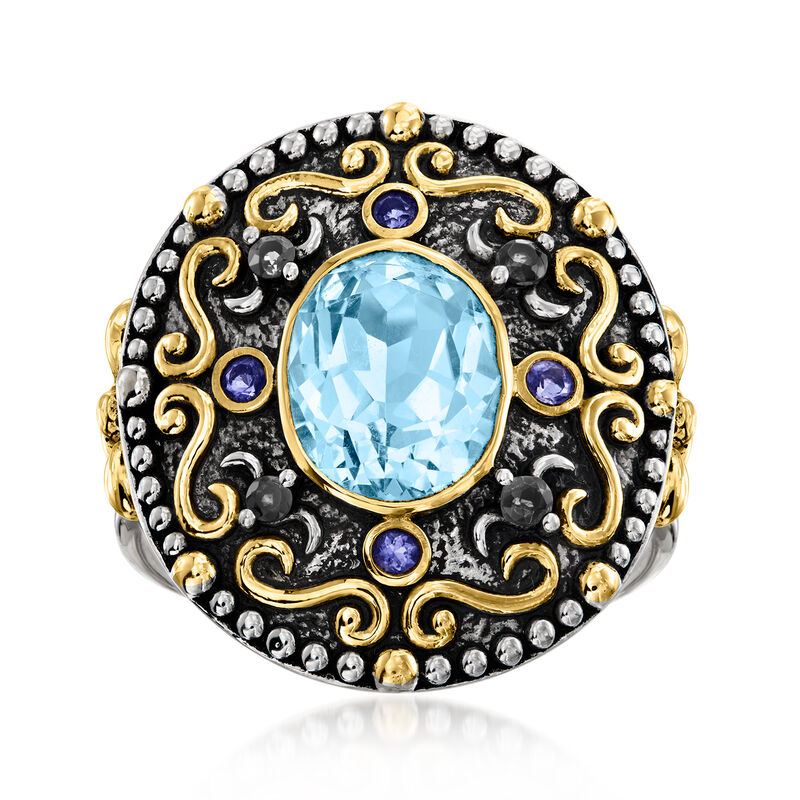 4.50 Carat Sky Blue Topaz and .10 ct. t.w. Iolite Ring with .10 ct. t.w. Black Spinels in Sterling Silver and 18kt Gold Over Sterling image number 0