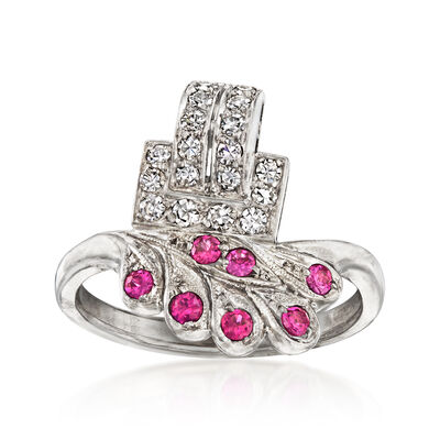 C. 1950 Vintage .35 ct. t.w. Synthetic Ruby and .30 ct. t.w. Diamond Ring in 14kt White Gold