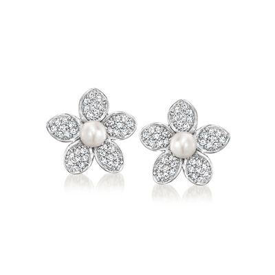3-3.5mm Cultured Pearl and .20 ct. t.w. Diamond Flower Earrings in Sterling Silver
