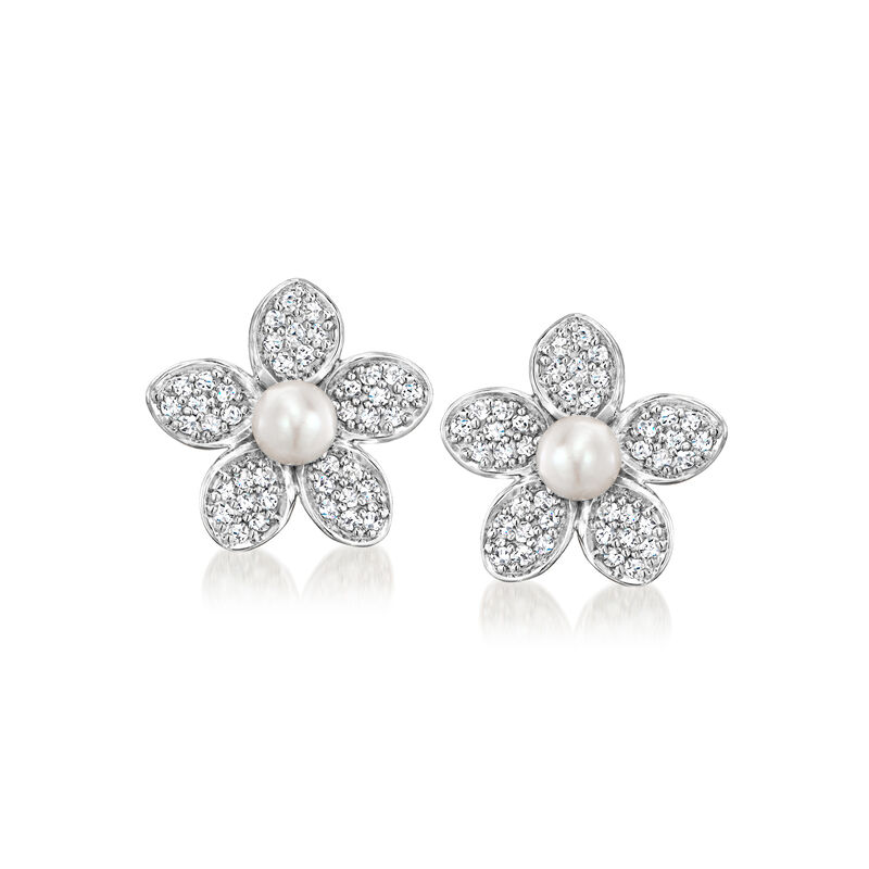 3-3.5mm Cultured Pearl and .20 ct. t.w. Diamond Flower Earrings in Sterling Silver  image number 0