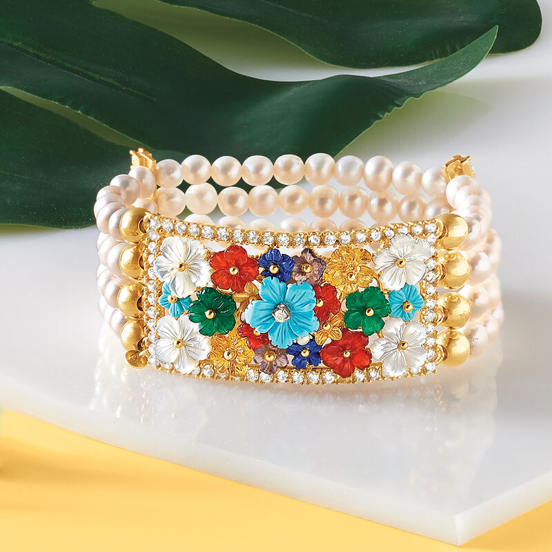 5.5-6mm Cultured Pearl, Mother-of-Pearl and Multi-Gem Floral Stretch Bracelet in 18kt Gold Over Sterling image number 2