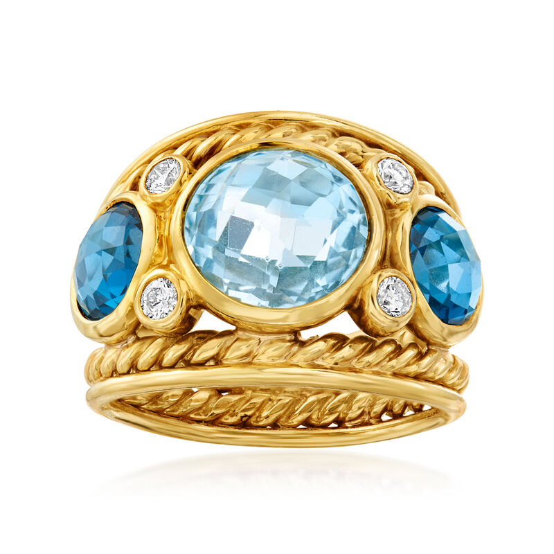 C. 1980 Vintage David Yurman 6.40 ct. t.w. Blue Topaz and .25 ct. t.w. Diamond Ring in 18kt Yellow Gold image number 0