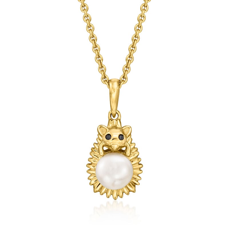 5.5-6mm Cultured Pearl Hedgehog Pendant Necklace with Black Spinel in 18kt Gold Over Sterling. 18&quot; image number 0