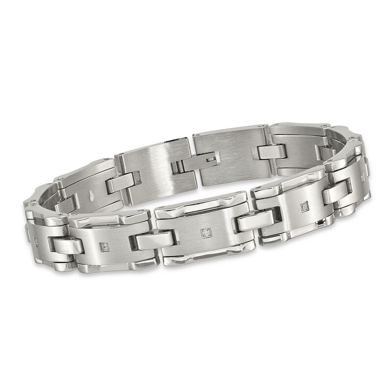 Men's .13 ct. t.w. CZ Brushed Link Bracelet in Stainless Steel. 8.5&quot; image number 0