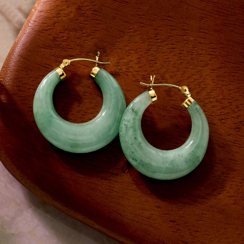 Jade Hoop Earrings with 14kt Yellow Gold. 1 1/8&quot; image number 4