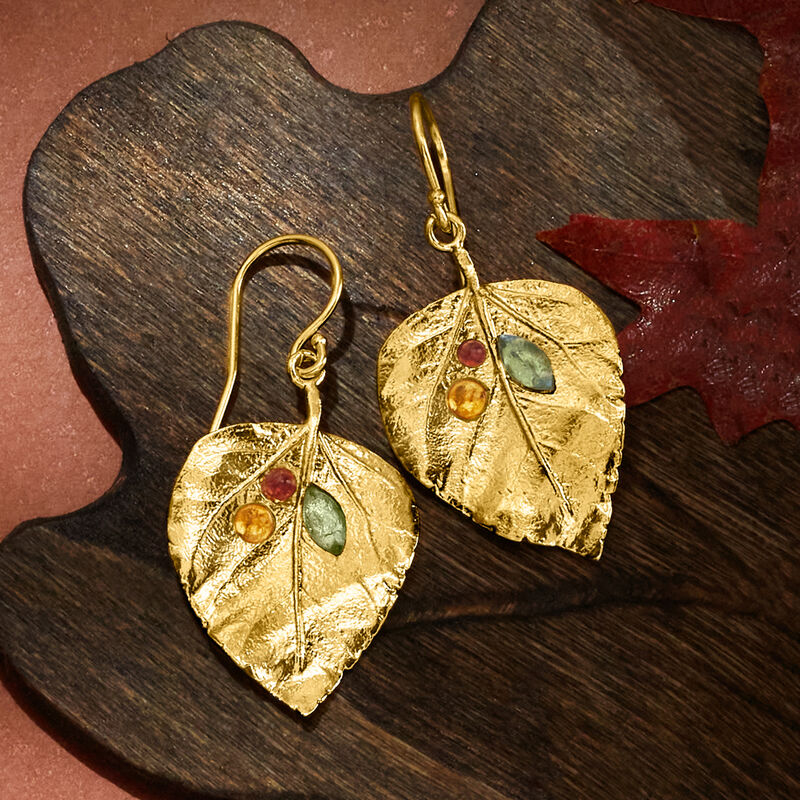 1.40 ct. t.w. Multi-Gemstone Leaf Drop Earrings in 18kt Yellow Gold Over Sterling  image number 3