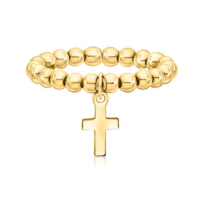 3mm 14kt Yellow Gold Bead Stretch Ring with Cross Charm