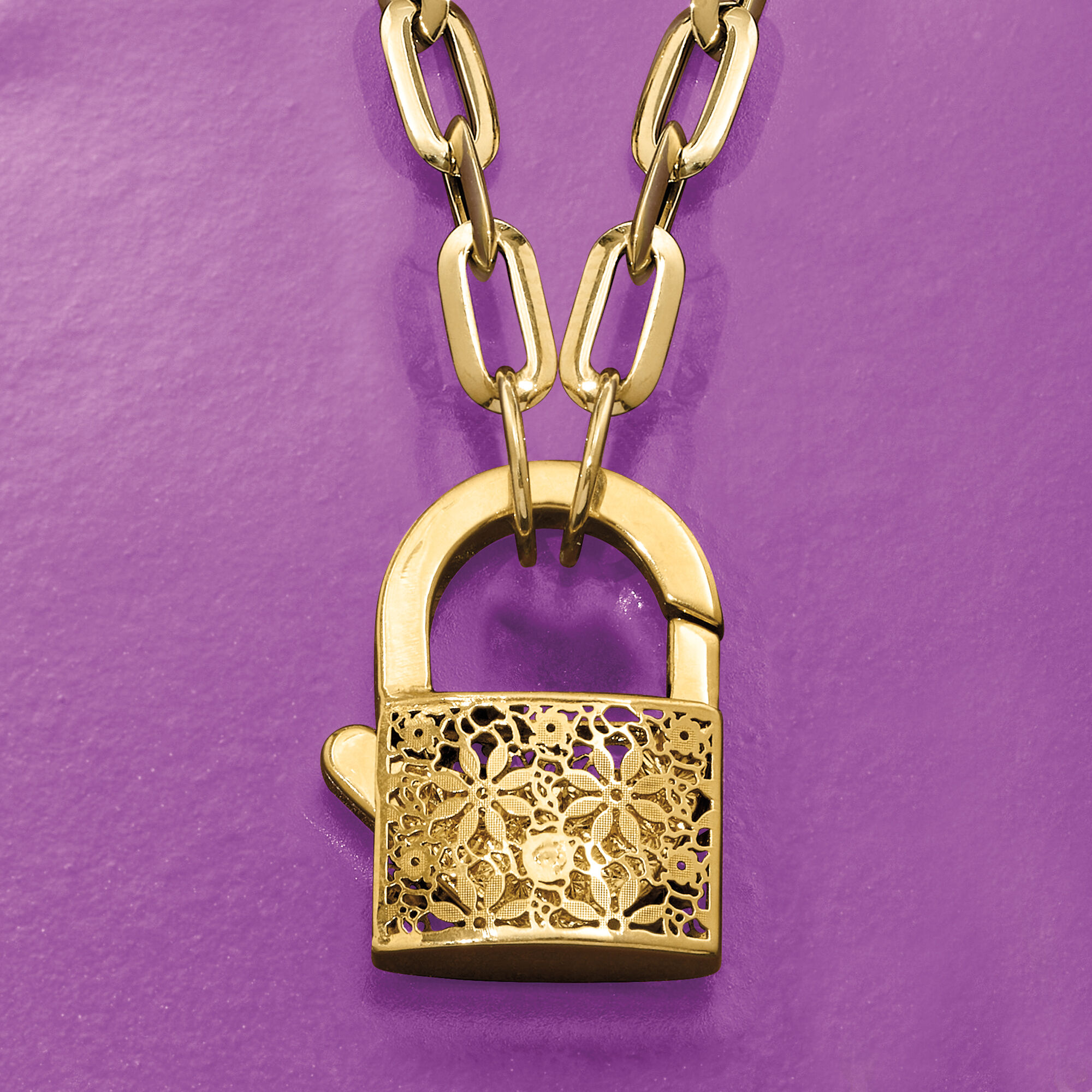 Italian 14kt Yellow Gold Floral Lock Paper Clip Link Necklace