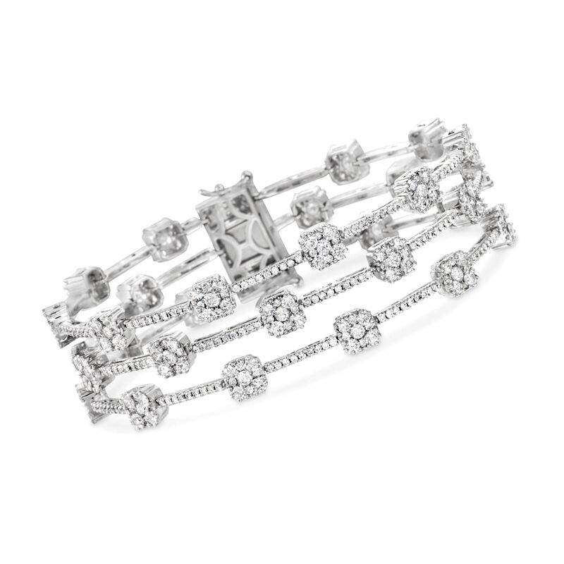 9.75 ct. t.w. Diamond Three-Row Station Bracelet in 18kt White Gold. 7&quot; image number 0