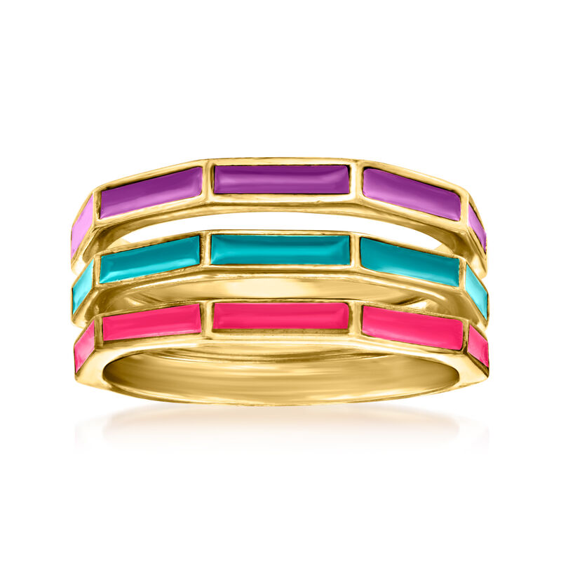Italian Multicolored Enamel Jewelry Set: Three Geometric Rings in 18kt Gold Over Sterling image number 0