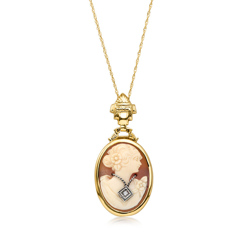 C. 1970 Vintage Brown Shell Cameo Pendant Necklace with Single Diamond in 14kt Yellow Gold. 18" image number 0