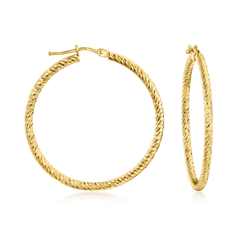 Italian 10kt Yellow Gold Diamond-Cut Hoop Earrings. 1 3/8&quot; image number 0