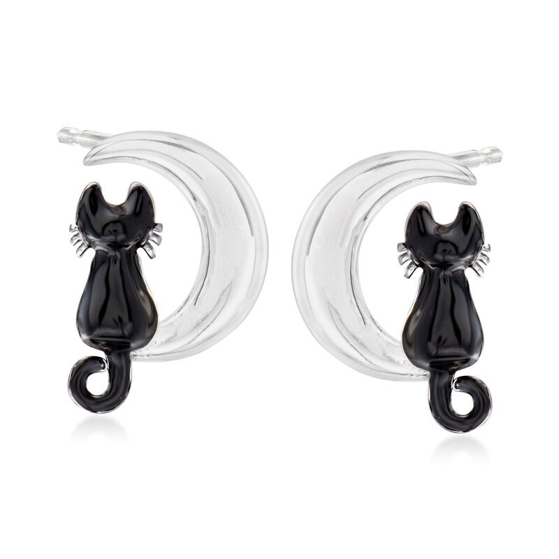Sterling Silver Cat and Moon Earrings with Black Enamel image number 0