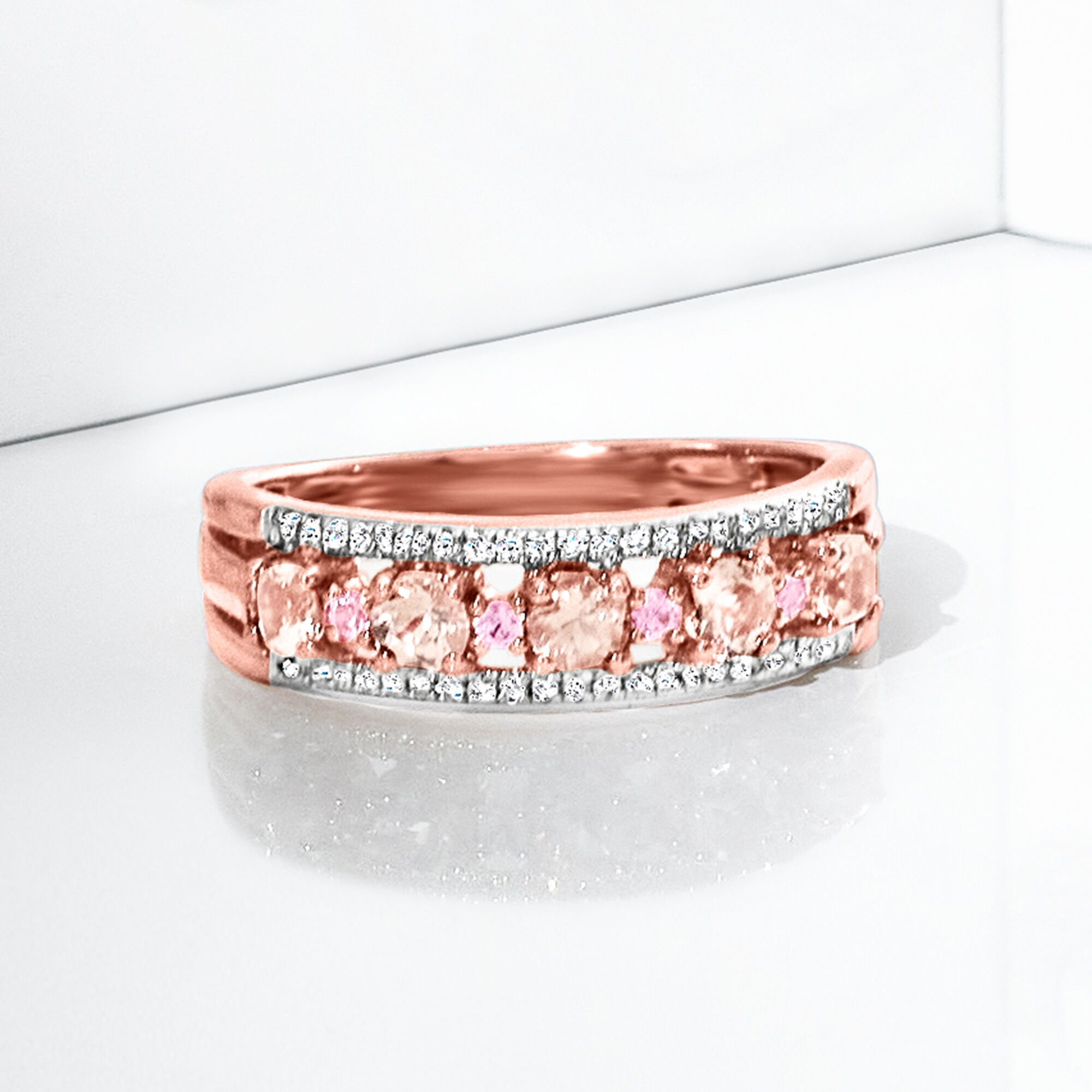 45 ct. t.w. Morganite and .10 ct. t.w. Diamond Ring with Pink Sapphire Accents in 18kt Rose Gold Over Sterling