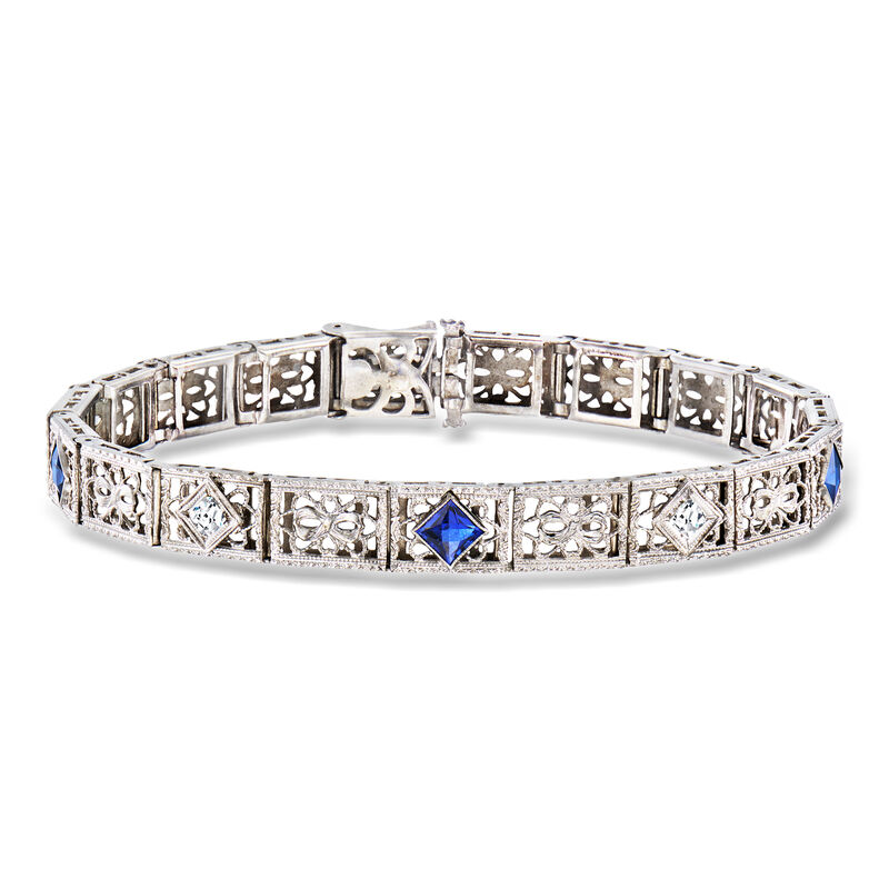 C. 1950 Vintage 1.00 ct. t.w. Synthetic Sapphire Bracelet with .10 ct. t.w. Diamonds in 14kt White Gold. 6.5" image number 0