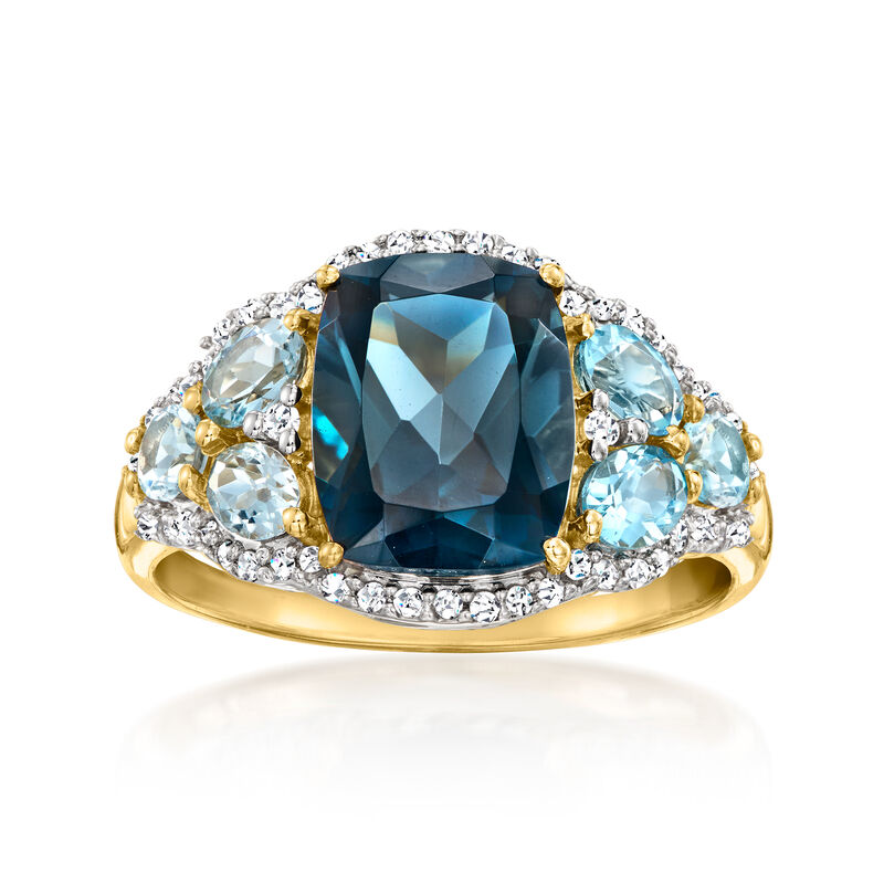 4.10 Carat London Blue Topaz Ring with 1.00 ct. t.w. Swiss Blue Topaz and .22 ct. t.w. Diamonds in 14kt Yellow Gold image number 0