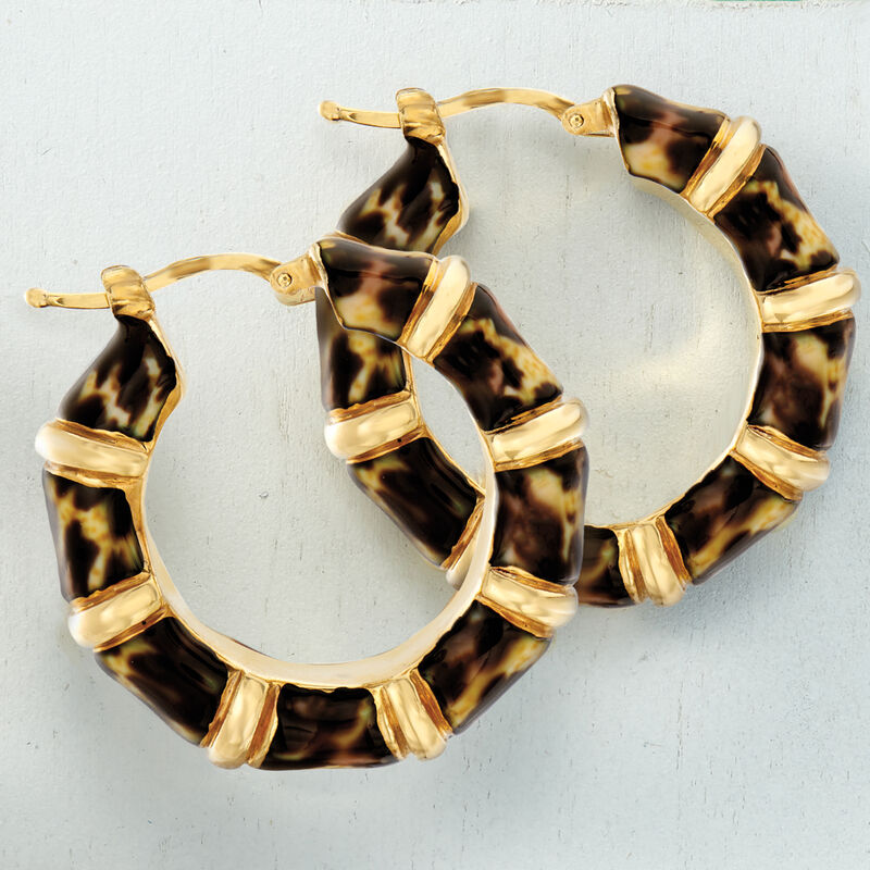 Italian Leopard-Print Enamel Bamboo-Style Hoop Earrings in 18kt Gold Over Sterling image number 2