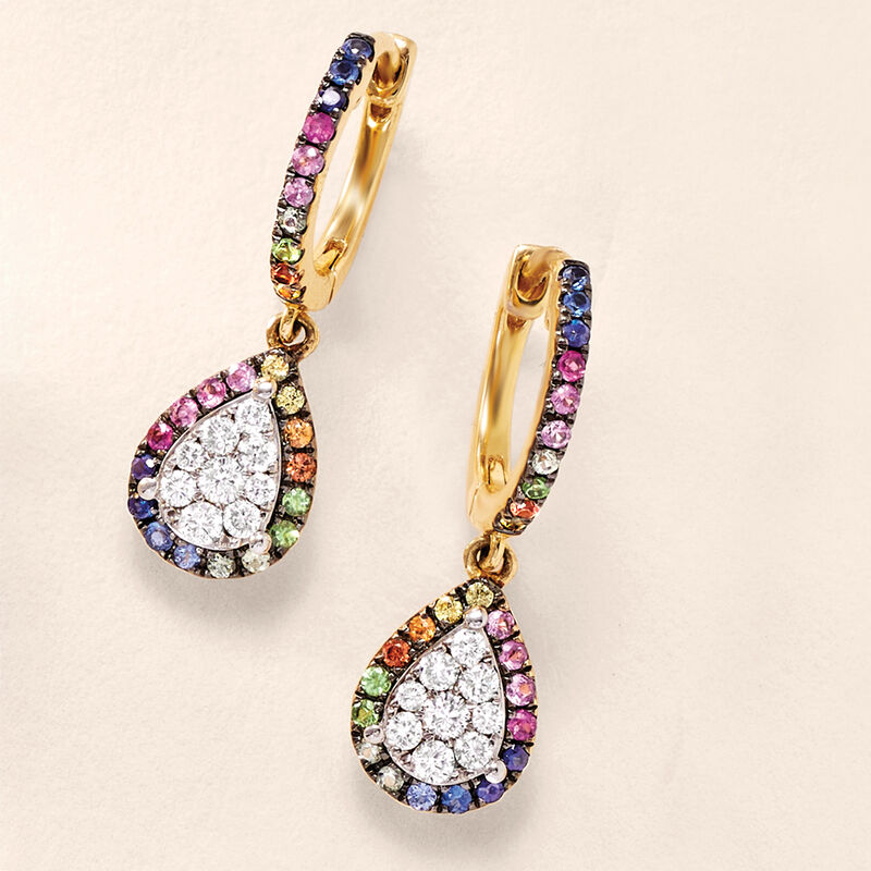 .40 ct. t.w. Multicolored Sapphire and .30 ct. t.w. Diamond Drop Earrings with Tsavorite Accents in 14kt Yellow Gold  image number 2