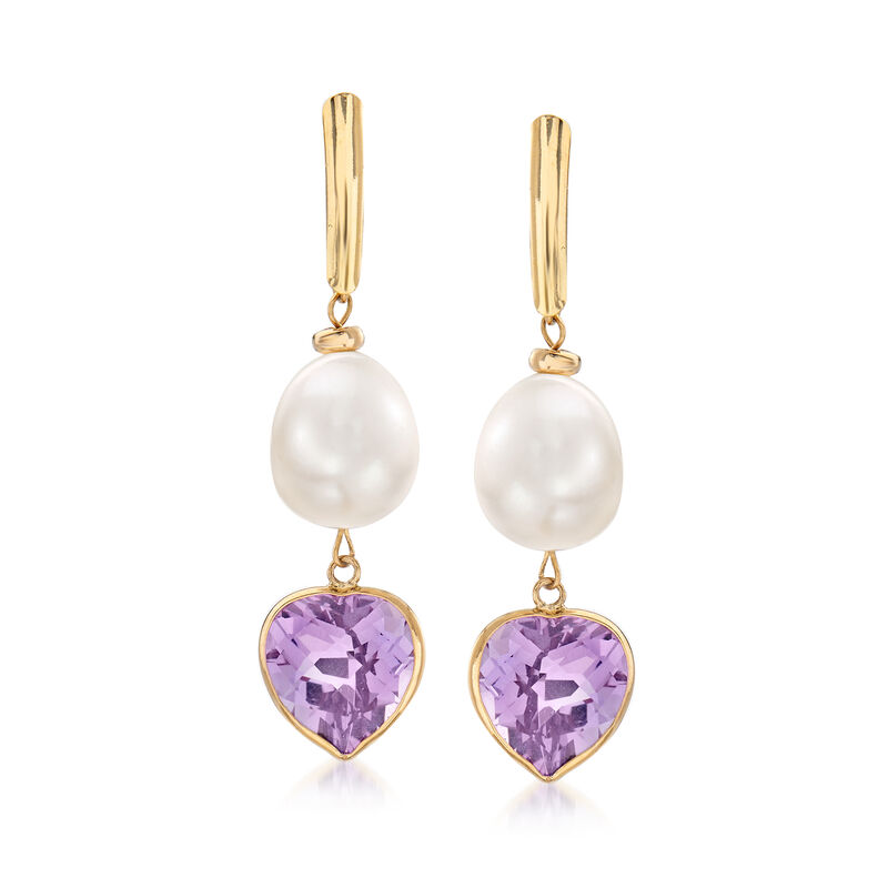 9.5-10mm Cultured Pearl and 7.50 ct. t.w. Amethyst Drop Earrings in 14kt Yellow Gold image number 0