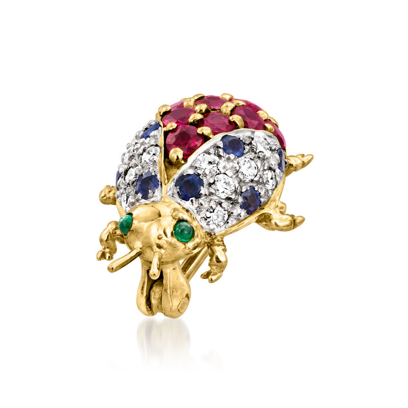 C. 1990 Vintage Le Vian 1.00 ct. t.w. Multi-Gemstone and .18 ct. t.w. Diamond Ladybug Pin with Emeralds in 18kt Yellow Gold image number 2