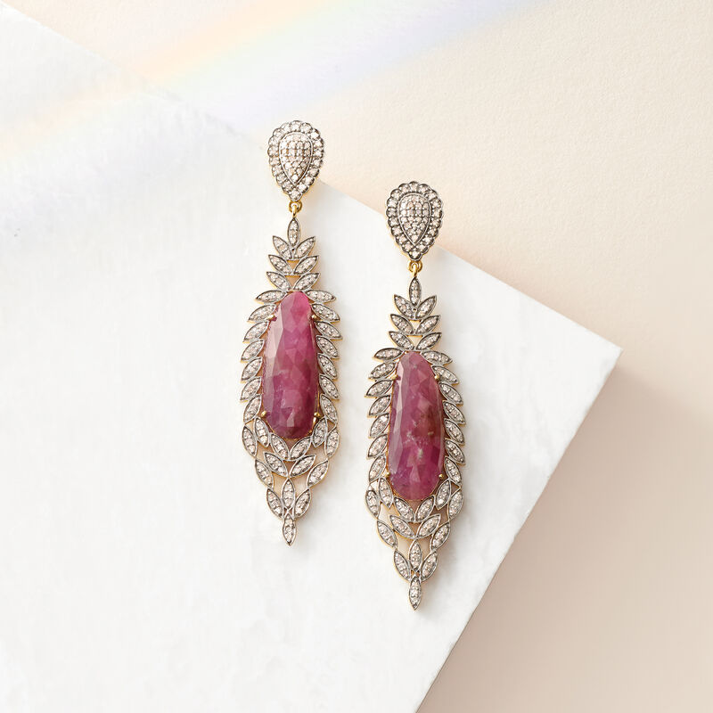 25.00 ct. t.w. Pink Sapphire and 2.40 ct. t.w. Champagne Diamond Drop Earrings in 18kt Gold Over Sterling Silver image number 2