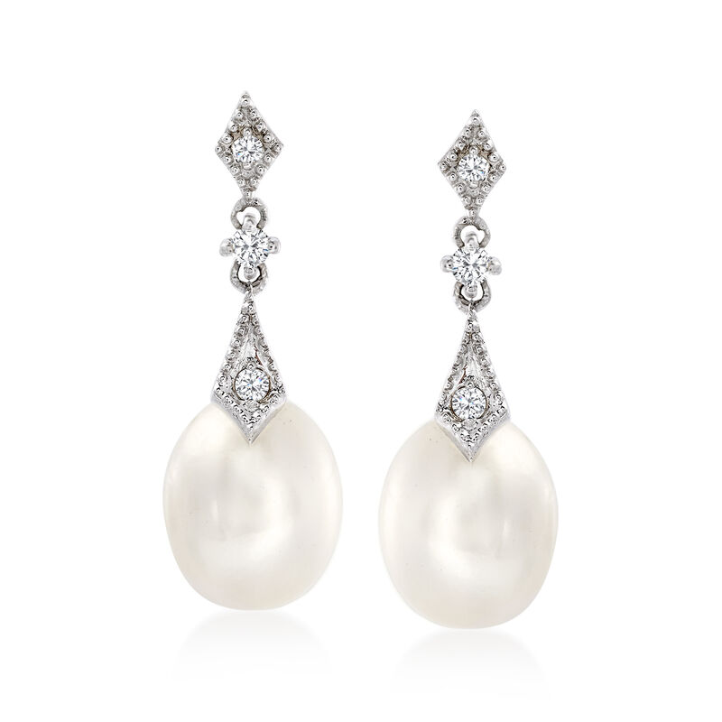 8mm Cultured Pearl and .10 ct. t.w. Diamond Drop Earrings in 14kt White Gold image number 0