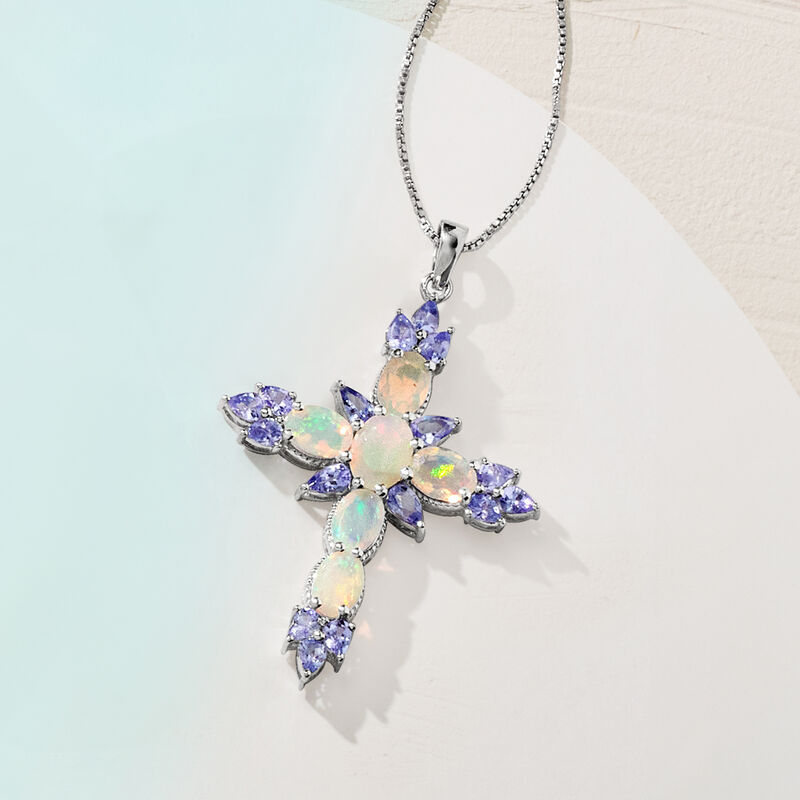Ethiopian Opal and 1.90 ct. t.w. Tanzanite Cross Pendant Necklace in Sterling Silver image number 4
