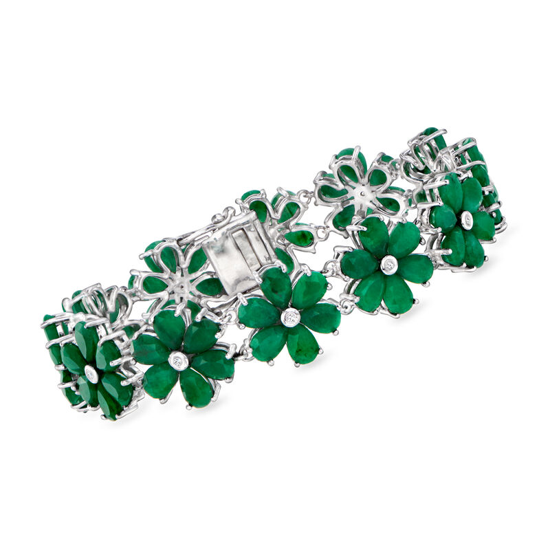 30.00 ct. t.w. Emerald and .10 ct. t.w. Diamond Flower Bracelet in Sterling Silver image number 0