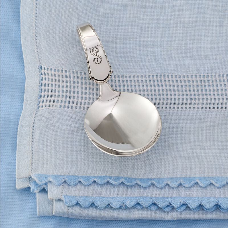 Sterling Silver Roped-Edge Single Initial Baby Spoon with Curved Handle  image number 0