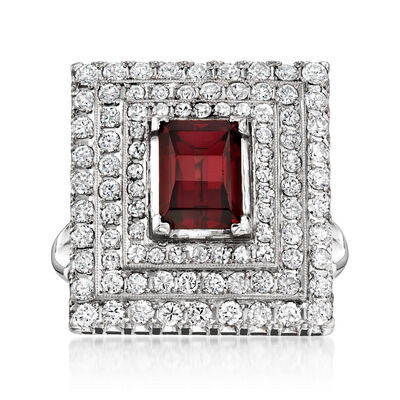 C. 1990 Vintage 1.00 Carat Garnet and 1.35 ct. t.w. Diamond Rectangular Ring in Platinum