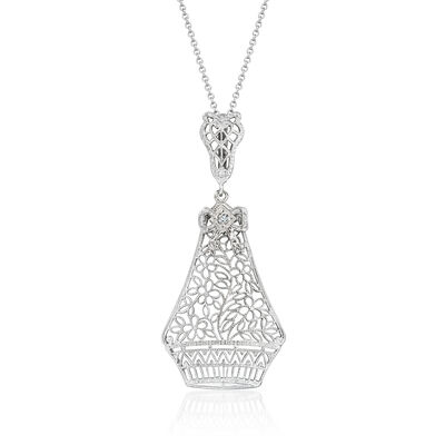 C. 1980 Vintage 14kt White Gold Filigree Pendant Necklace with Single Diamond