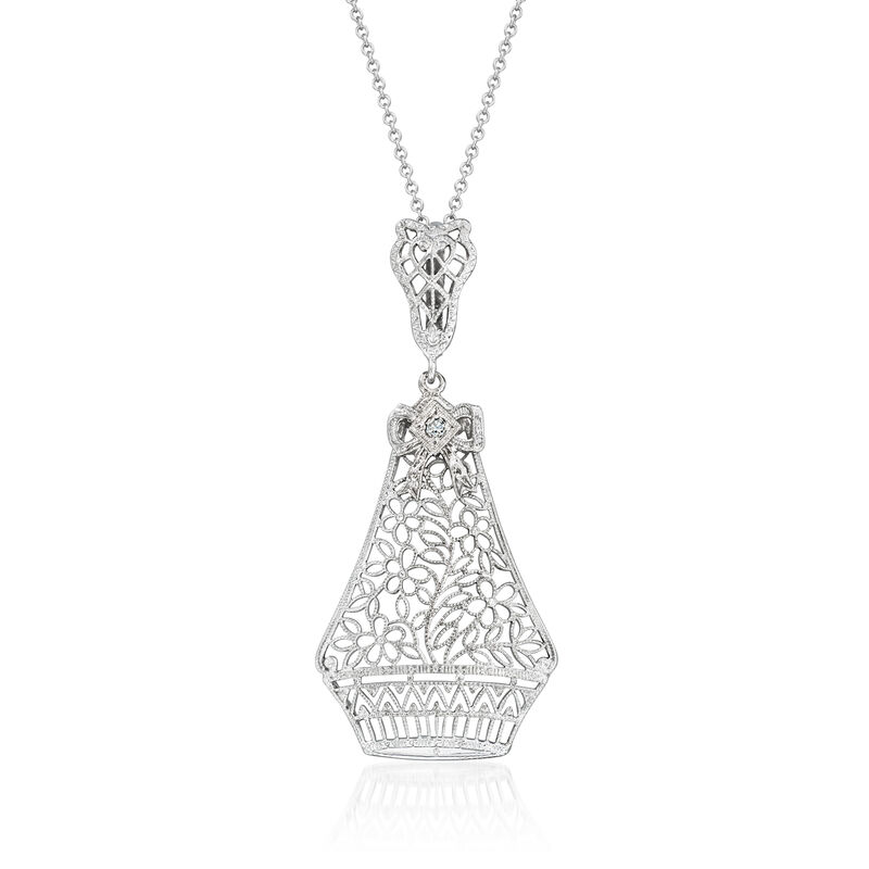C. 1980 Vintage 14kt White Gold Filigree Pendant Necklace with Single Diamond. 18" image number 0