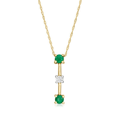 C. 1990 Vintage .30 ct. t.w. Emerald Pendant Necklace with Single Diamond in 14kt Yellow Gold