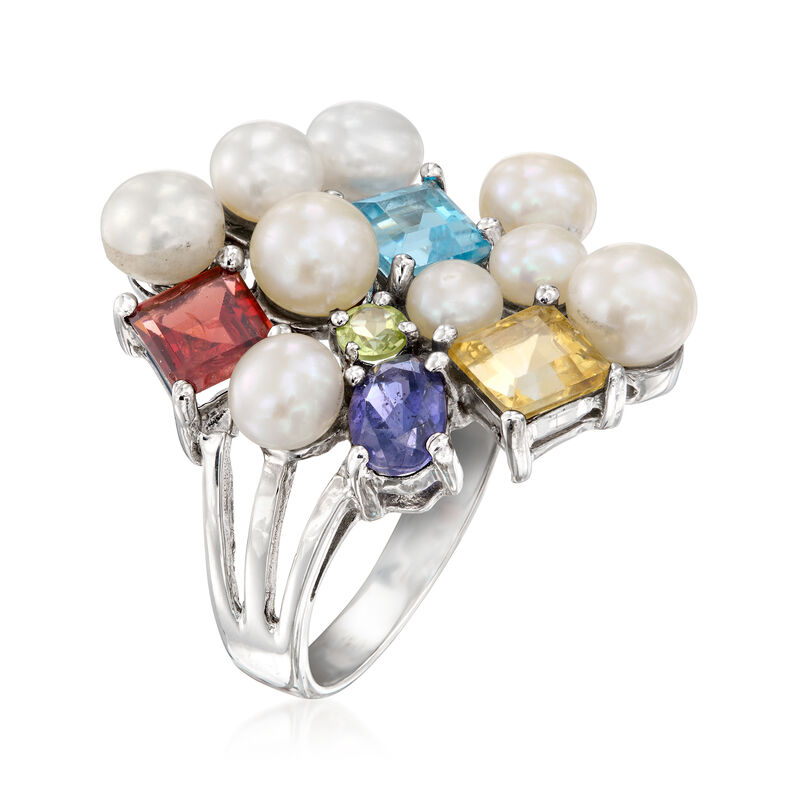 C. 2000 Vintage 4.5-5mm Cultured Pearl and 2.77 ct. t.w. Multi-Gemstone Ring in Sterling Silver. Size 7.5 image number 2