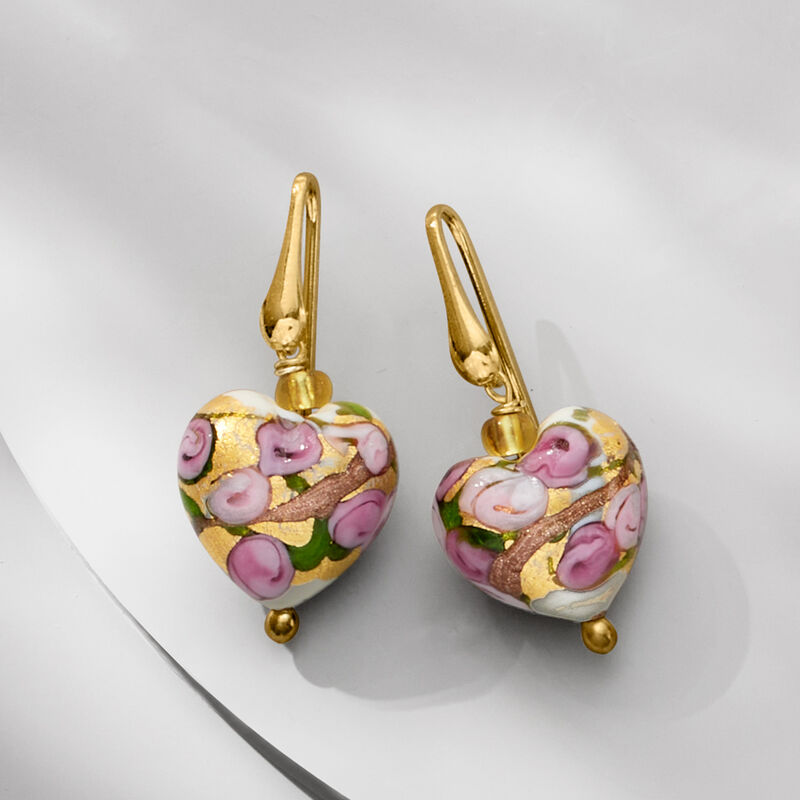 Italian Multicolored Murano Glass Rose Heart Drop Earrings in 18kt Gold Over Sterling  image number 2