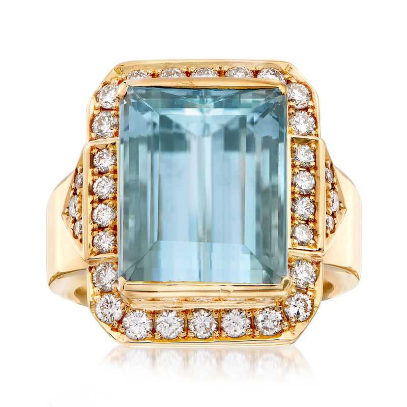 C. 1980 Vintage 9.40 Carat Emerald-Cut Aquamarine and .68 ct. t.w. Diamond Ring in 18kt Yellow Gold image number 0