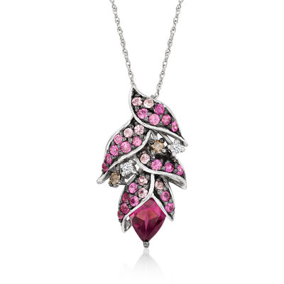Le Vian 1.00 Carat Raspberry Rhodolite and .50 ct. t.w. Bubble Gum Pink Sapphire Floral Pendant Necklace with Chocolate and Vanilla Diamonds in 14kt Vanilla Gold