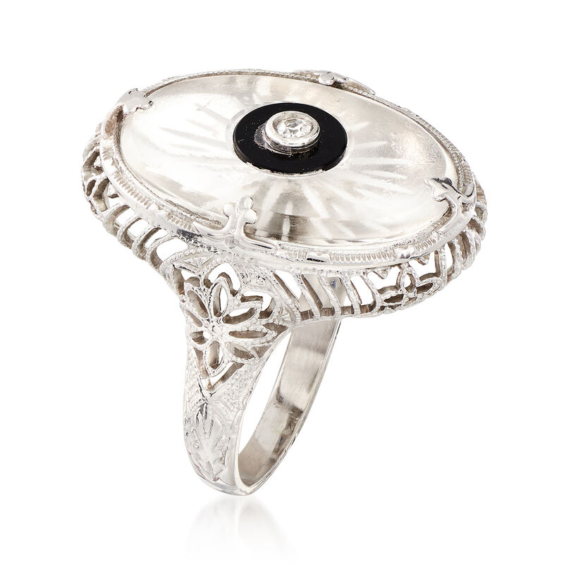 C. 1950 Vintage Black Onyx and Glass Ring with Diamond Accent in 14kt White Gold image number 2