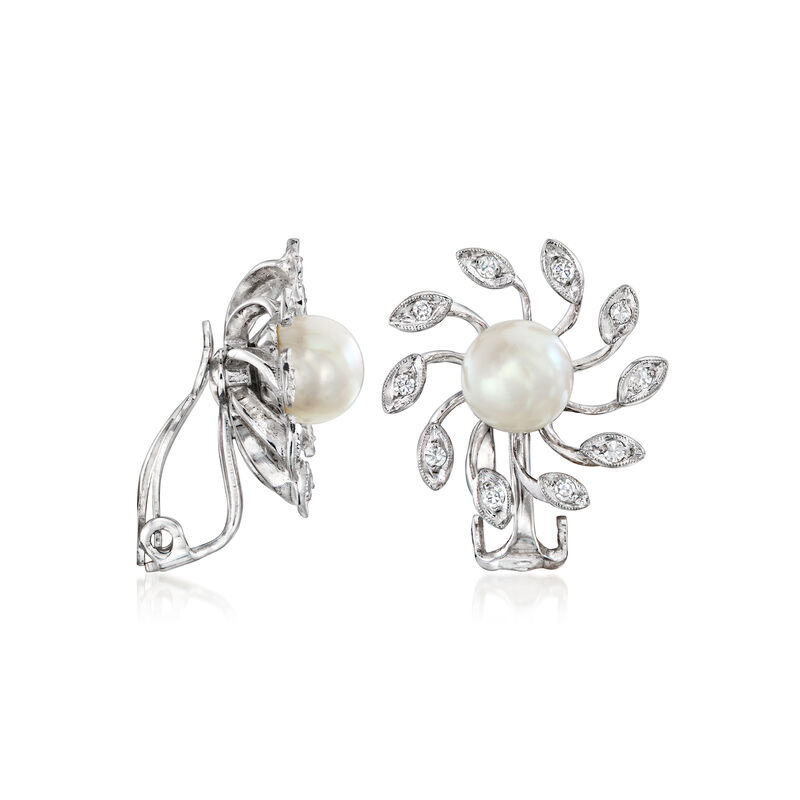 C. 1950 Vintage 7.2mm Cultured Pearl and .20 ct. t.w. Diamond Clip-On Earrings in 14kt White Gold image number 2