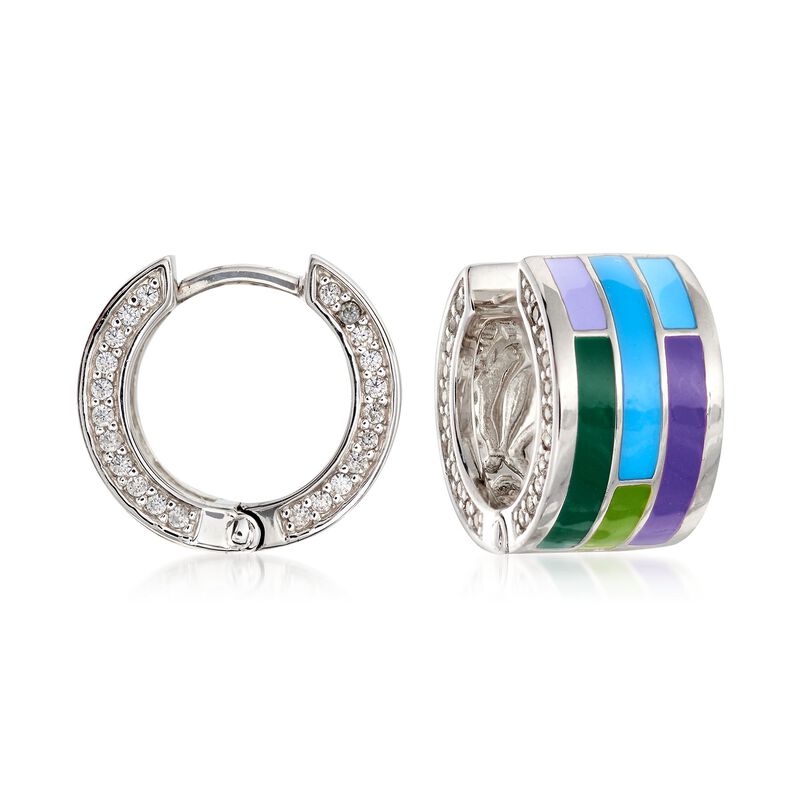 Belle Etoile &quot;Strata&quot; Blue and Purple Enamel and .11 ct. t.w. CZ Hoop Earrings in Sterling Silver. 1/2&quot; image number 0