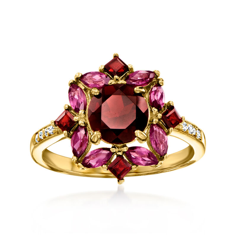 1.90 ct. t.w. Garnet and .80 ct. t.w. Rhodolite Garnet Ring with .10 ct. t.w. White Topaz in 18kt Gold Over Sterling image number 0
