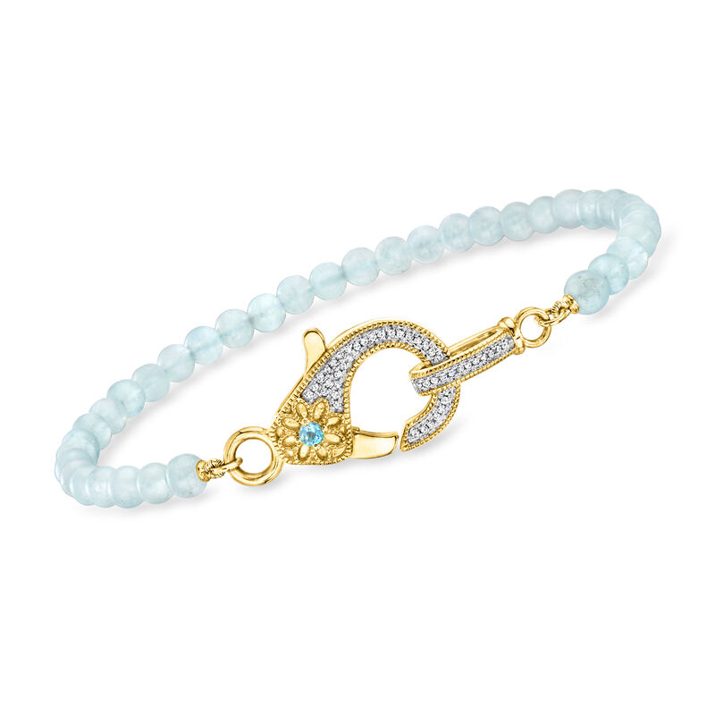 14.00 ct. t.w. Aquamarine Bead and .11 ct. t.w. Diamond Lobster Clasp Bracelet with Single Swiss Blue Topaz in 18kt Gold Over Sterling image number 0