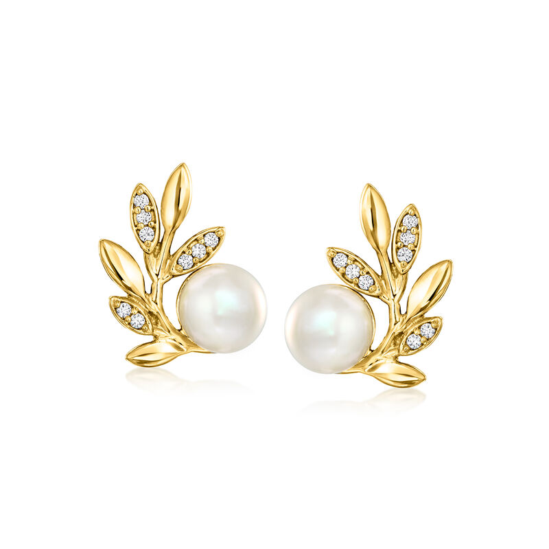 6.5-7mm Cultured Pearl Leaf Earrings with .10 ct. t.w. White Zircons in 18kt Gold Over Sterling  image number 0