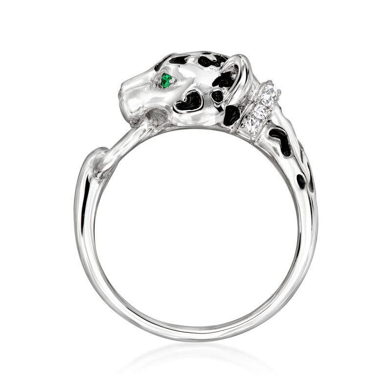 Charles Garnier Sterling Silver and Black Enamel Panther Ring with CZ and Simulated Emerald Accents image number 3