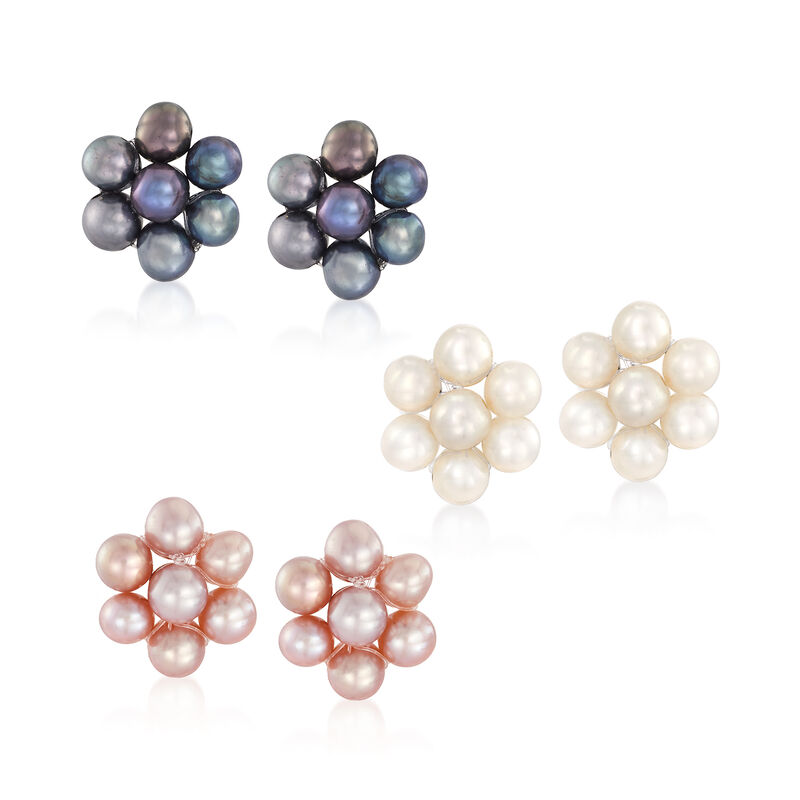 3-4mm Multicolored Cultured Pearl Jewelry Set: Three Pairs of Earrings in 14kt Yellow Gold image number 0