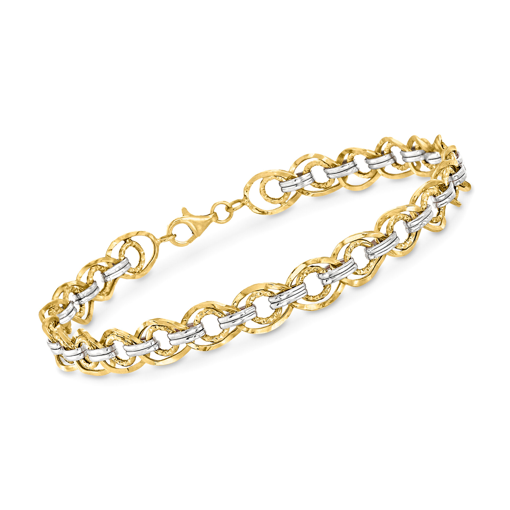 14kt Two Tone Gold Textured and Polished Link Bracelet