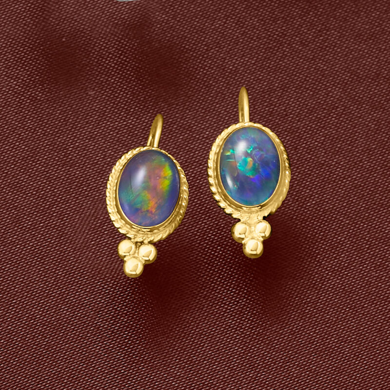 Blue Opal Triplet Drop Earrings in 14kt Yellow Gold image number 3