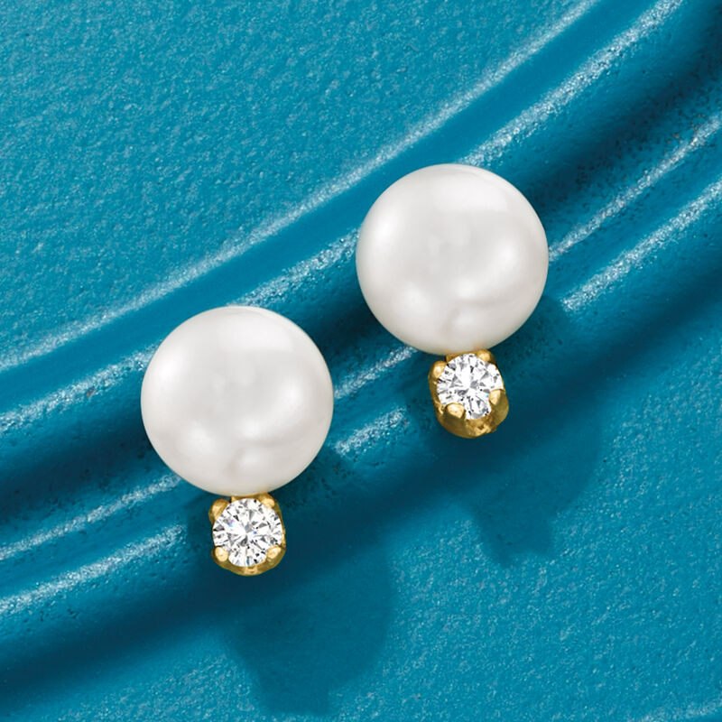 5-5.5mm Cultured Pearl Stud Earrings with Diamonds in 14kt Yellow Gold image number 2