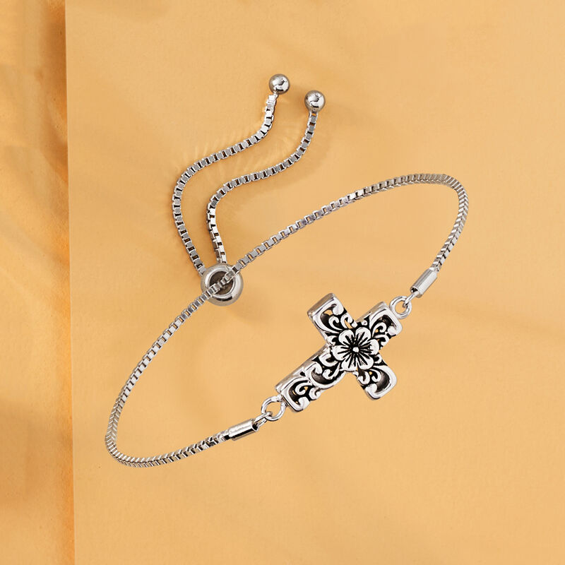Sterling Silver Bali-Style Floral Cross Bolo Bracelet image number 3